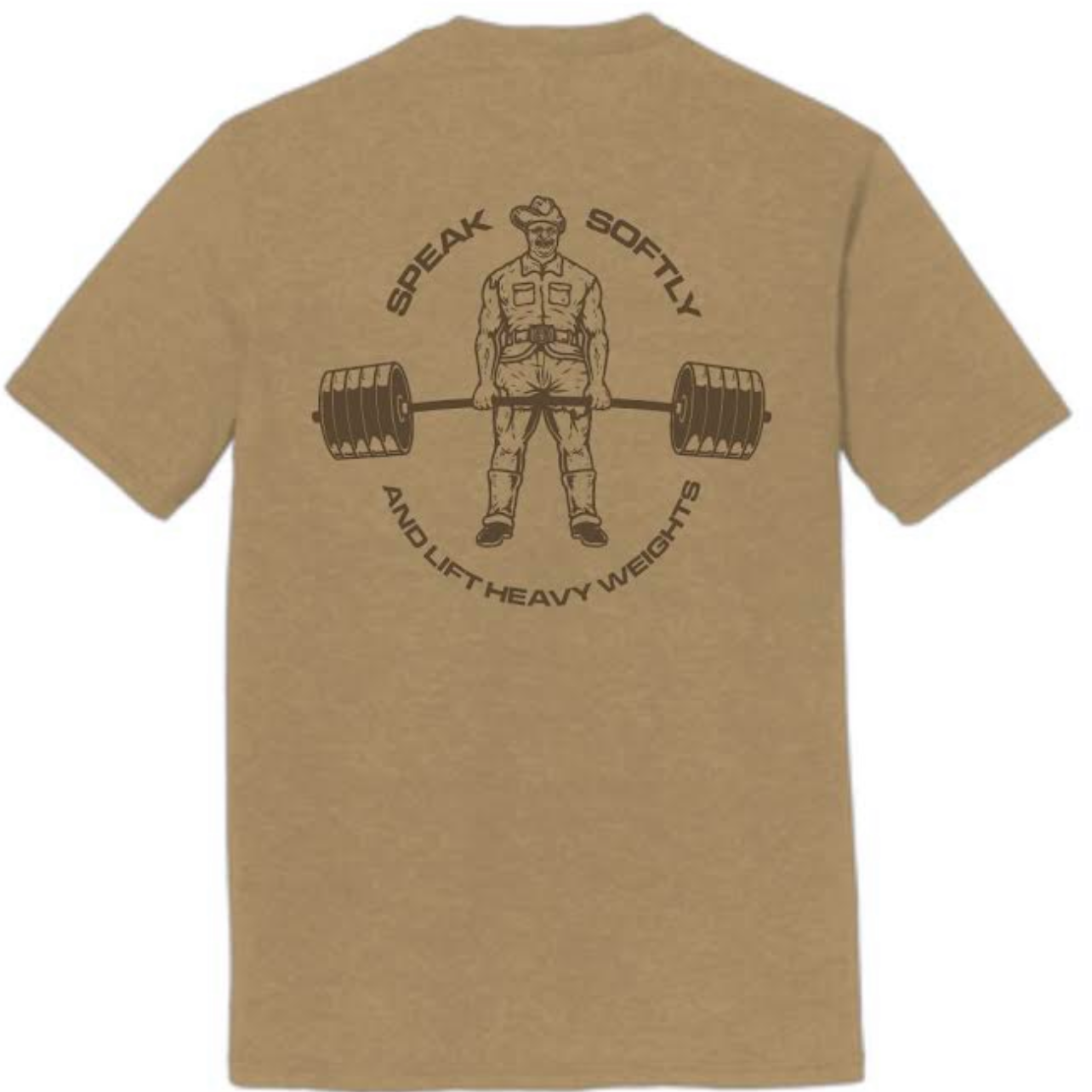 Beige t-shirt with a graphic design on the back featuring a person lifting weights.