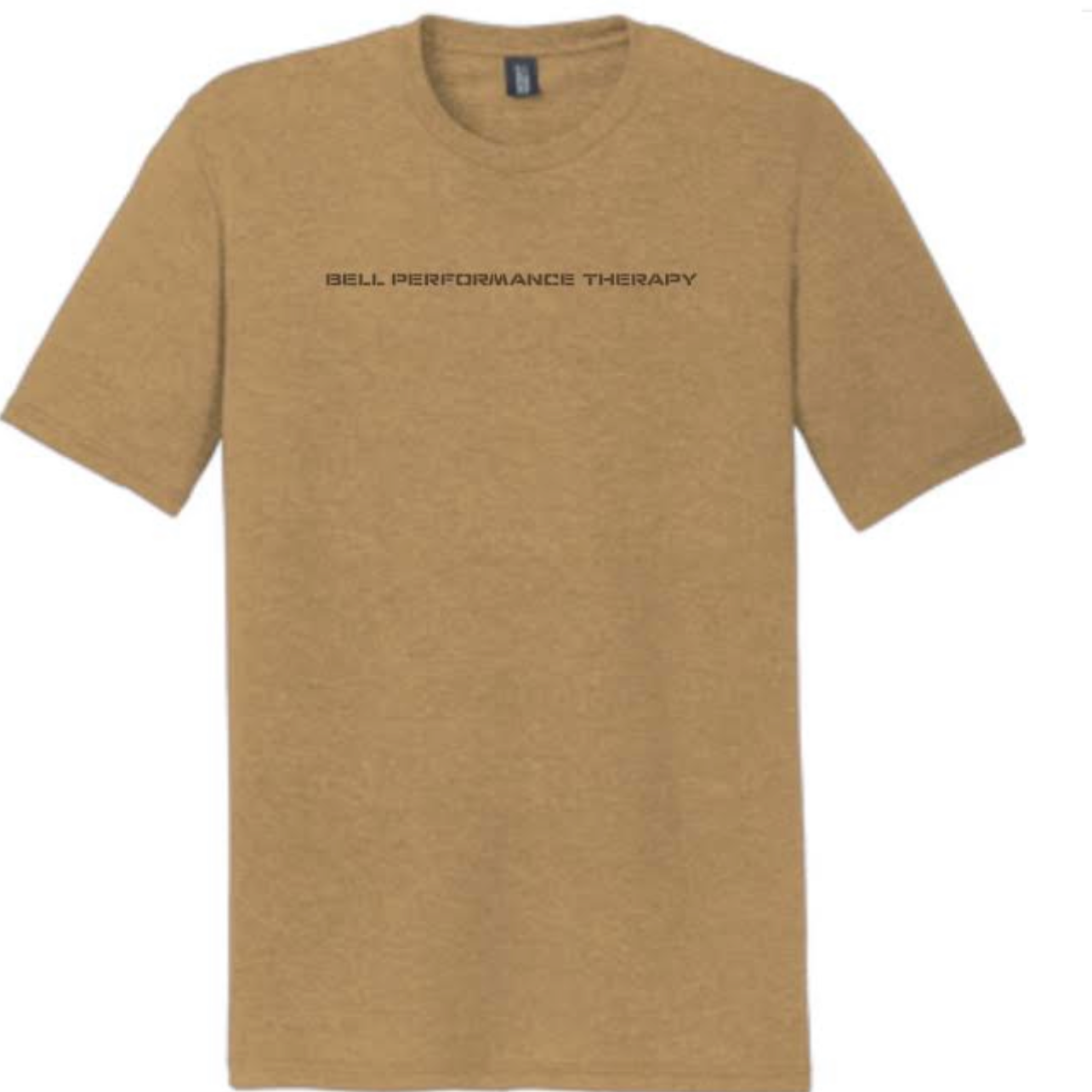 Beige t-shirt with text on a white background